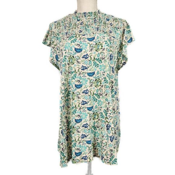 Torrid Cotton Modal Jersey Smocked Mock Neck Top Women's 1X Blue Green Floral - Picture 1 of 9